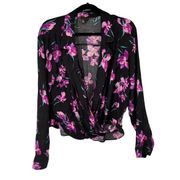 Free Press Black Pink Floral Collared Deep V Neck Long Sleeve Top