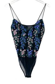 Topshop Floral Embroidered Mesh Panel Bodysuit Black US Size 8 EUC A2501