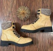 Mia Maylynn Moto Hiking Boot Tan Knit Cuff Lug Sole 7.5