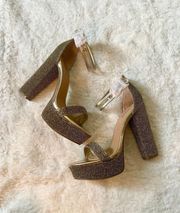 Gold metallic glittery felt platform pump high heels with clear buckle straps