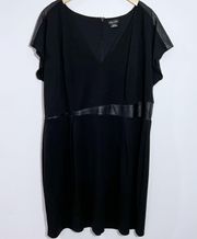 Spliced Mod Sheath Dress Black Ponte Faux Leather Trim V-Neck XL/22