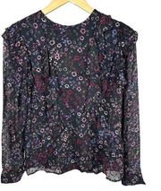 REISS Faiza Dark Floral Textured Long Sleeve Ruffle Blouse Black Size 0