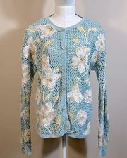 David Brooks Knitted by Hand Linen Silk Floral Grandma Button Front Sweater XL