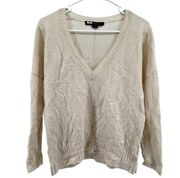 360 Cashmere Pullover Sweater V Neck Dolman Ribbed Trim Cream XSP