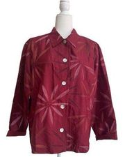 French Laundry Dark Red Silk Floral Embroidered Beaded L Shirt Jacket Shacket