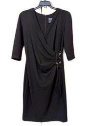 GABBY SKYE Black Ribbed Gold Accent Tie Waist  1/2 sleeve knee length dress sz10