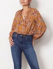 EVEREVE Britta Border Blouse Floral Print Size S Popover Peasant Top Marigold