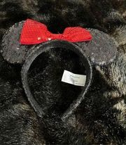 DISNEY PARKS Minnie Mouse Black Sequin Red Bow Ear Headband ~ Disneyland CA