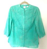 Emma James Beaded Green Blouse 3/4 Sleeve Lightweight Cotton Blend Sz M