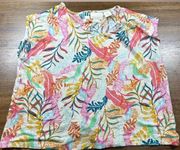 100% Linen Fauna Print XL Short Sleeve Top Button Back