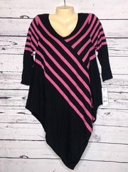 NY Collection Size S Black & Pink Stripe Asymmetrical Hemline Tunic Sweater Top