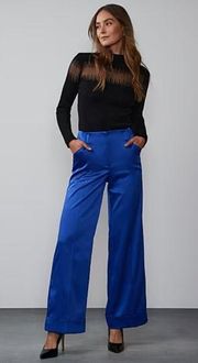 NWT New York & Company Wide Leg Cuffed Satin Pant in Blue Size Small