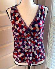 Kenneth Cole|| Multi color polka dot print silk blouse with lace trim/back slit