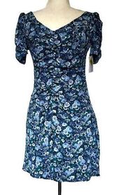 B.DARLIN Fit n Flare Floral Dress Sz 5/6 Blue Ruching Short Sleeve Short New