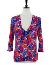 Talbots Sweater V-neck Cardigan Button Down Pink Blue Floral Women's MP Petite