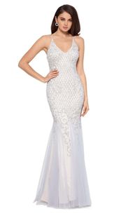 White Gray Pearl Embellished Mermaid Dress Gown