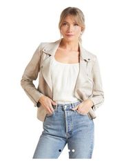 Evereve Marren Moto Jacket Buff Distressed Neutral Beige | Size XL