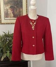 WORTHINGTON Women Red Cropped Blazer Jacket 100% Wool Size 6P Colllarless Button