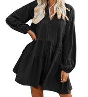 NEW NWT FANCYINN Solid Black Long Sleeve Cotton Boho A-Line Fit Flare Dress MED