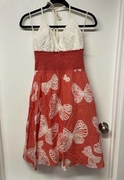 Phoebe Couture Halter Butterfly Patterned Dress Womens Size 2 Orange White