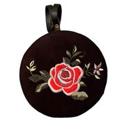 Round Black Floral Purse with Leather Strap