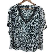 Lane Bryant Top Women 18/20 Black Gray Leopard Print‎ Beaded V-Neck Short Sleeve