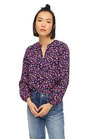 J.Crew  Open V-Neck Top Dotted Floral Small Blue Pink Crepe Long Sleeve, Sz XS