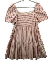 Loft Puff Slv Tiered Mini Dress Striped Square Neck CottageCore Babydoll Sz 12