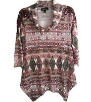 ABSOLUTELY FAMOUS Women’s Cowl Neck Multicolor Aztec Print Assymetrical Hem Top