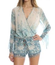 Chaser Chiffon Crepe Silk Boho Bell Sleeve Faux Wrap Romper Festival Frayed Sm