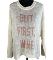 The Laundry Room Womens But First, Wine Beach Bummies Sweater S Small Khaki