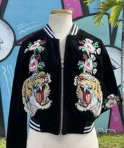 Perfect Fashion Black Tiger Embroidery Black Bomber Jacket US M