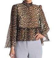 Ganni Leopard Print Pleated Bell Sleeve Crop Blouse