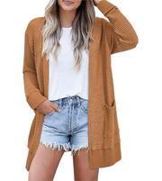 long oversized camel tan knit open cardigan duster -S