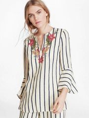 Linen Striped Embroidered Tunic Bell Sleeves