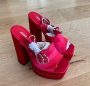 Public Desire Lilibet Red Satin Diamante Lace Up Strappy Open Toe Statement Plat