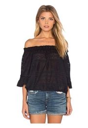 Rebecca Taylor Short Sleeve Embroidered Gauze Top in Black Off Shoulder | Size 6