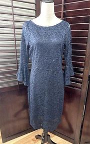 Tiana B. Blue Lace Sequin Midi Dress Sheer Sleves Lined 10P Cocktail
