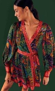 FARM RIO Forest Tapestry Long Sleeve Wrap Minidress (S)