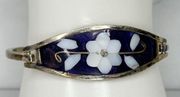 Vintage Silver Tone Mother of Pearl Shell Flower Inlay Hinge Bangle Bracelet