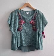 Xhilaration Sage Green Lace Embroidered Top NWT