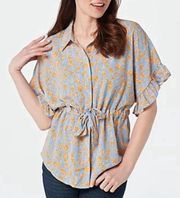 Bishop+Young Blue w/Orange Floral Drawstring Blouse Size M NWT in Packaging