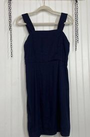 NWT H Halston Navy Blue Stretch Linen Squared Neck Smocked Mini Dress Size 2