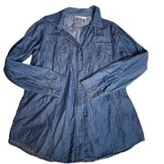 LAUREN CONRAD Denim Lightweight Blue Button Up Longsleeve Top Slit Medium Dot