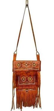 VTG Brown Leather Fringe Crossbody Shoulder Bag Western Moroccan Hand Tooled 21"