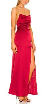 NBD Burgundy Red Satin Maxi Slip Dress MEDIUM Gown Cowl Backless High Slit NEW