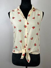 Japna Novelty Watermelon Printed Tie Front Collared Tank Sz Small