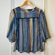 Blue Sheer Patchwork-Effect Bell Sleeve Boho Top 10