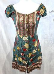 sage green button front boho floral dress size medium