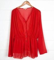 Gibson Latimer Blouse Womens Size L Dark Orange Sheer Long Sleeves V-neck